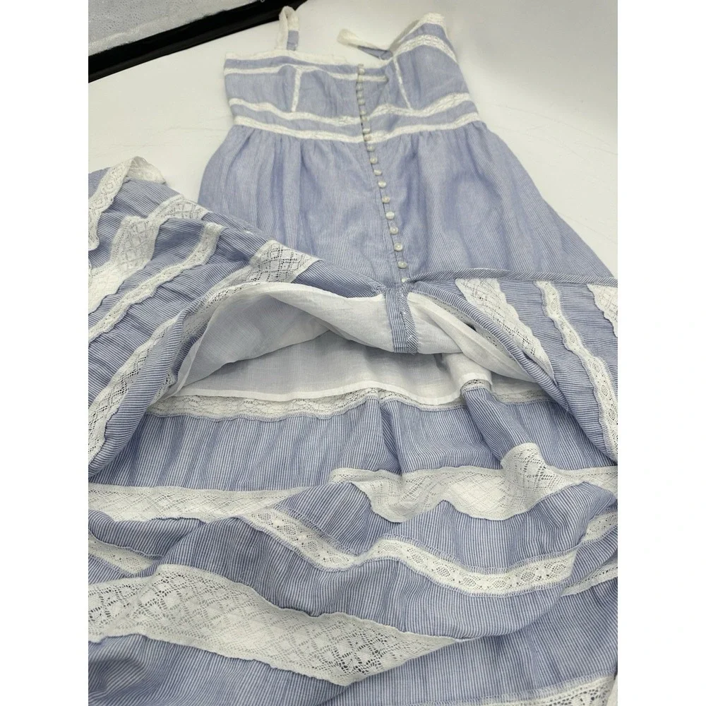 GAP Lace Trim Maxi Dress S Petite Blue Stripe Cotton Button Front Cottagecore - Picture 15 of 16